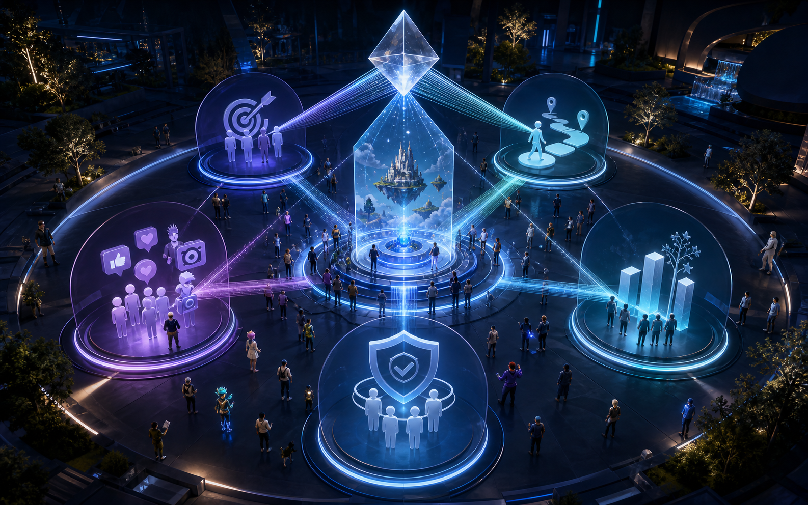 A virtual-world event surrounded by five evidence systems for objectives, player journeys, outcomes, cross-channel distribution and governance, all converging on one decision prism.